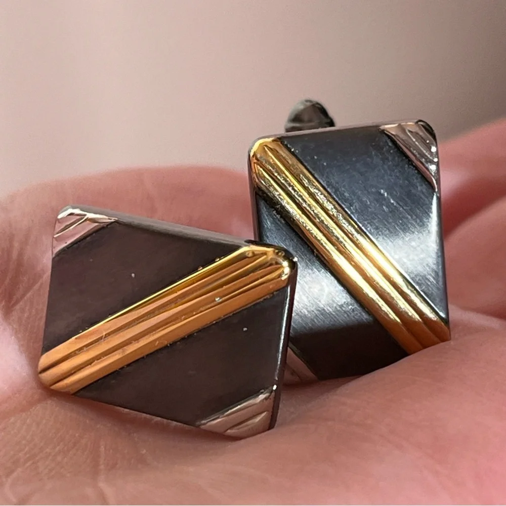 Vintage 1960 70 MCM Mod Art Deco Silver Black gold Mobking oversized Cufflinks